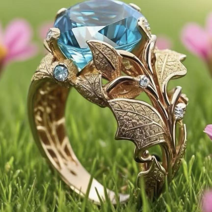 Women's Gold-Plated Ring With Alloy Inlay And Lake-Blue Center Stone