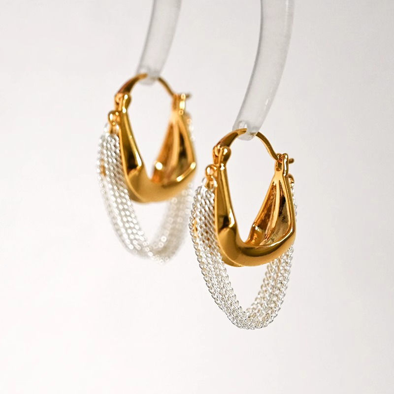 Gold And Silver Contrast-color Chain Tassel Earrings For Women