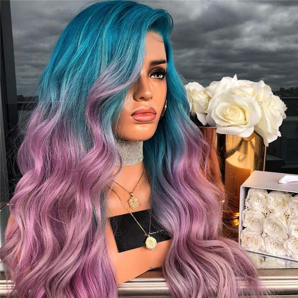 Blue-purple Gradient-dyed Wig Made Of Synthetic Fiber