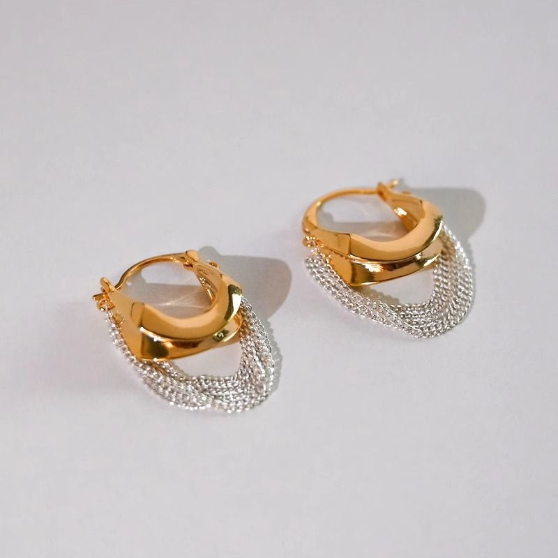 Gold And Silver Contrast-color Chain Tassel Earrings For Women