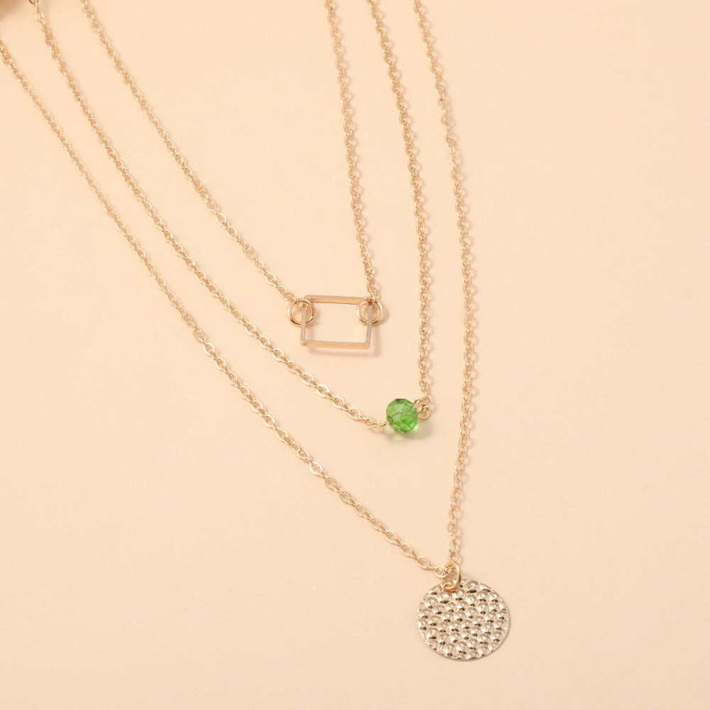 Fashionable Green Diamond Disc Square Alloy Necklace With 3 Layers