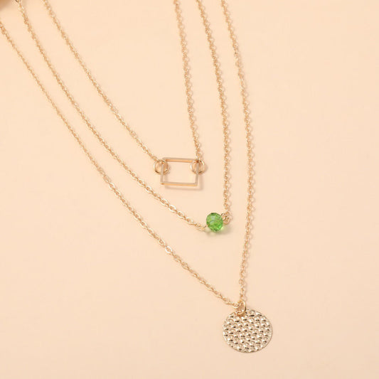 Fashionable Green Diamond Disc Square Alloy Necklace With 3 Layers