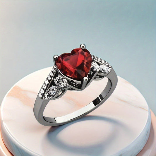 Gun-black Plated Crown Ring Inlaid With A Red Heart-shaped Diamond